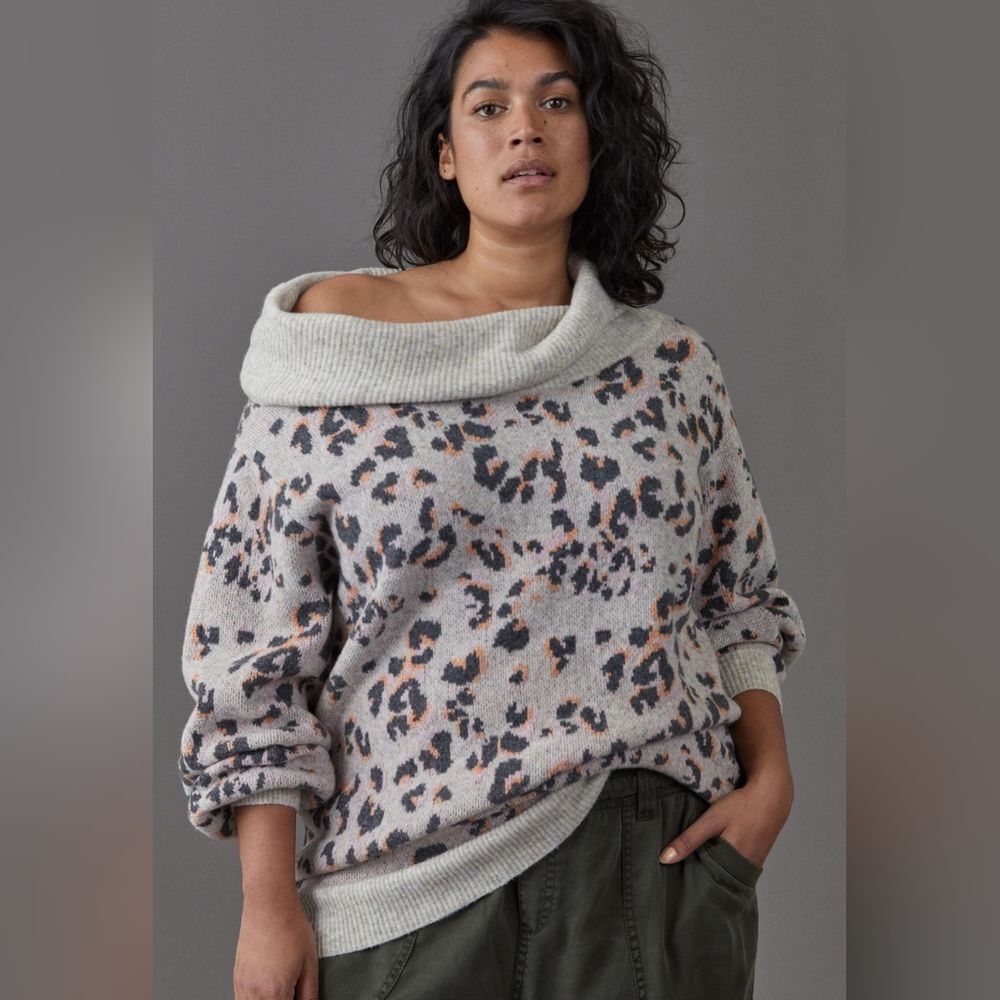 Anthropologie Sweater Women's XS Emmy Cowl Neck Tunic Beige Cheetah Print